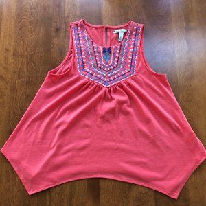 Speechless Coral Embroidery Accent Tank Top